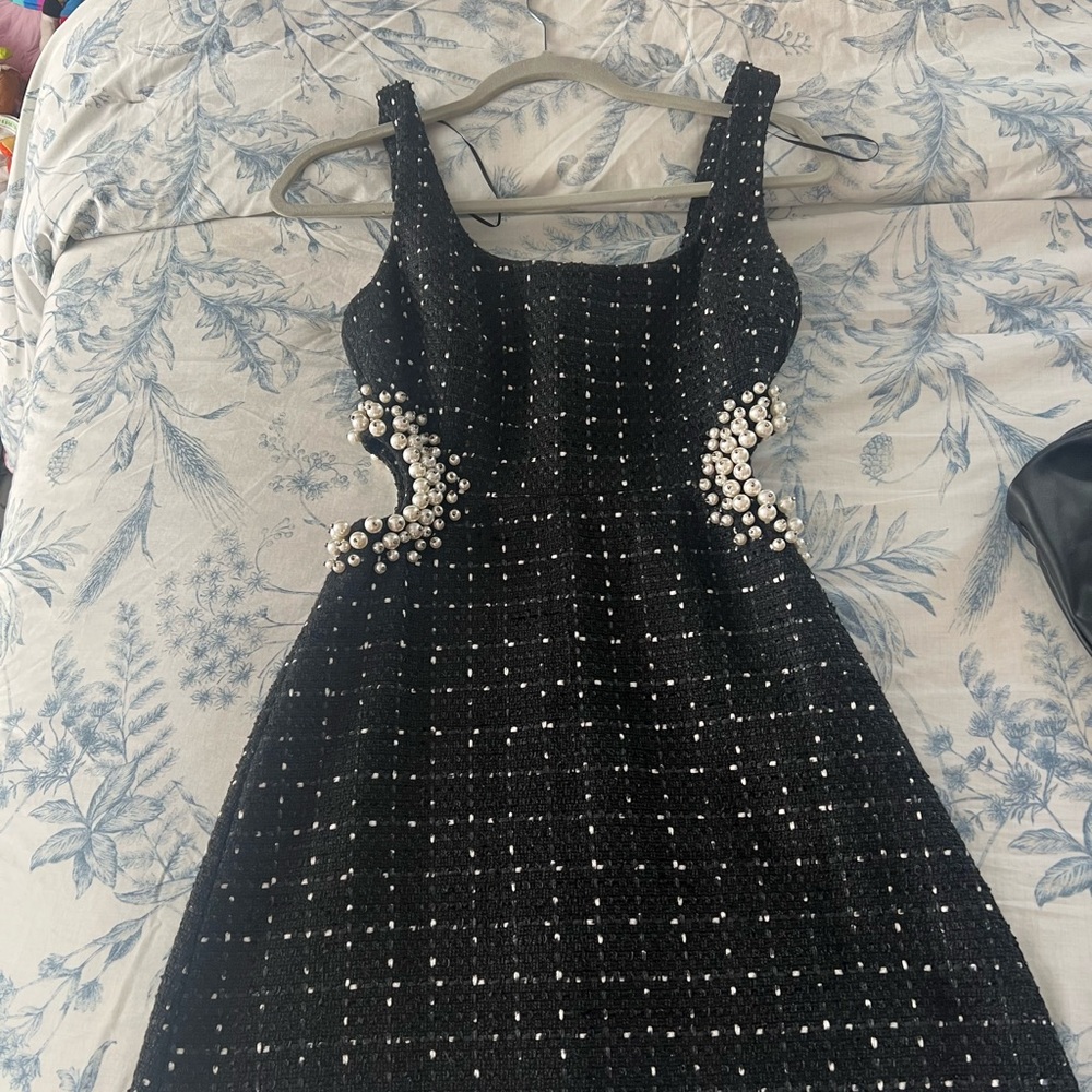 Zara Black Mini Dress with Pearl Details